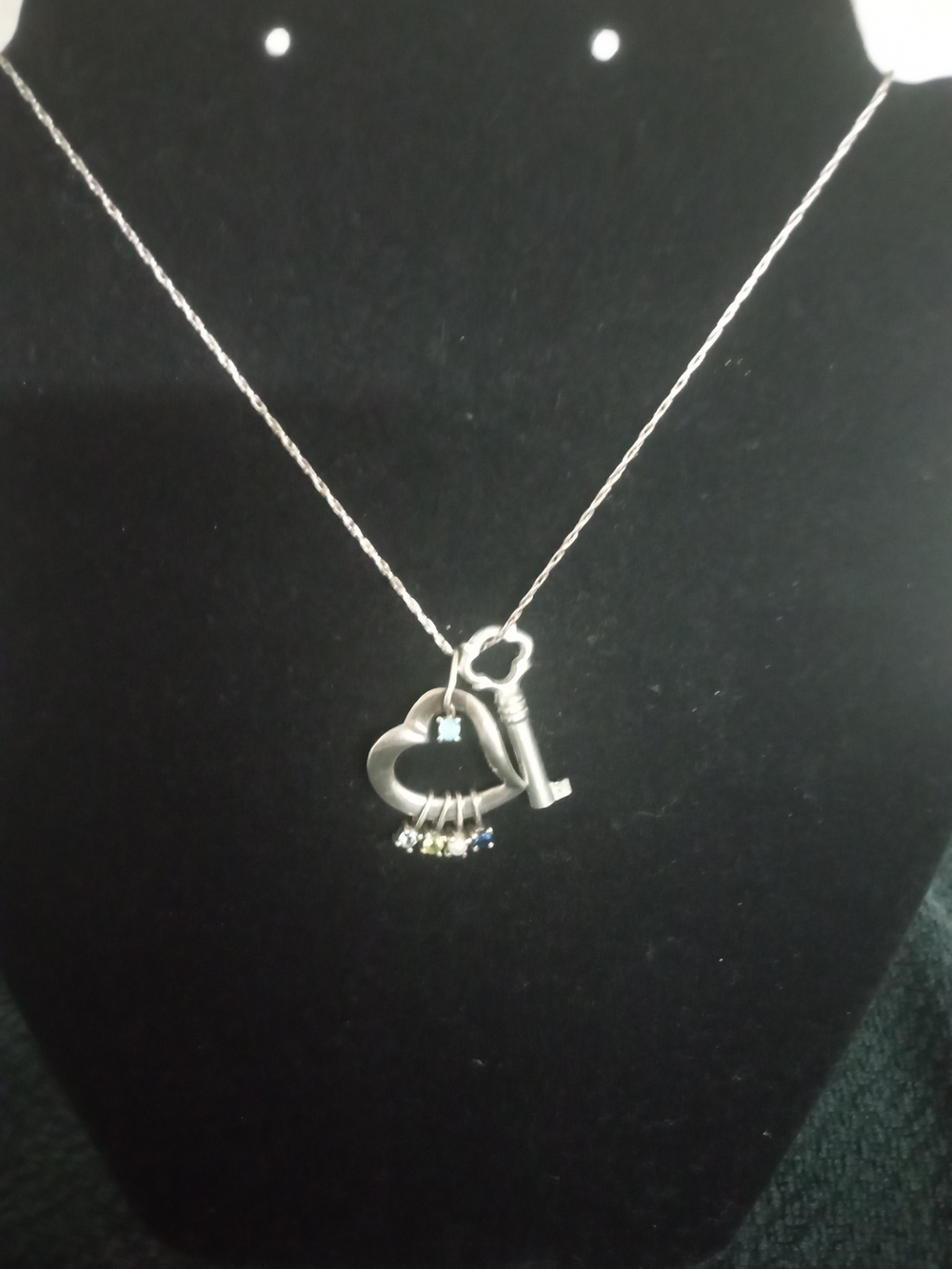 Vintage Lexus Sterling Silver Heart & Key Pendant Necklace with Stones